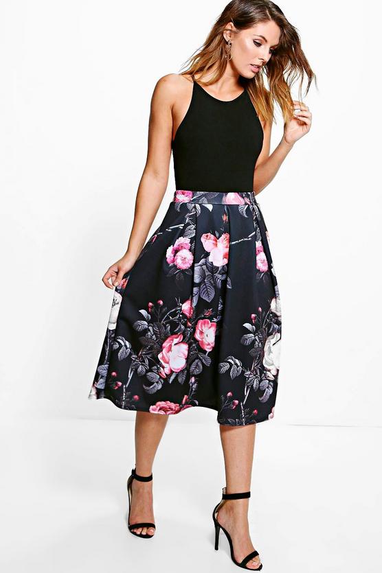 Suki Dark Floral Digital Print Full Midi Skirt